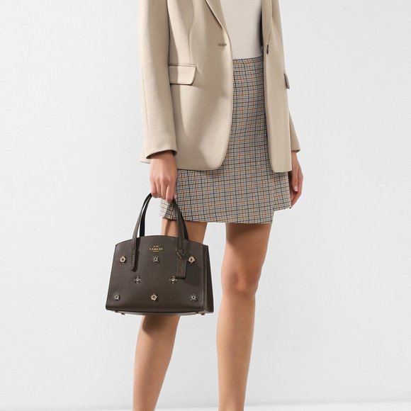 COACH CHARLIE CARRYALL 28 SCATTERED RIVETS FLORAL LEATHER MOSS BRASS - Picture 4 of 12